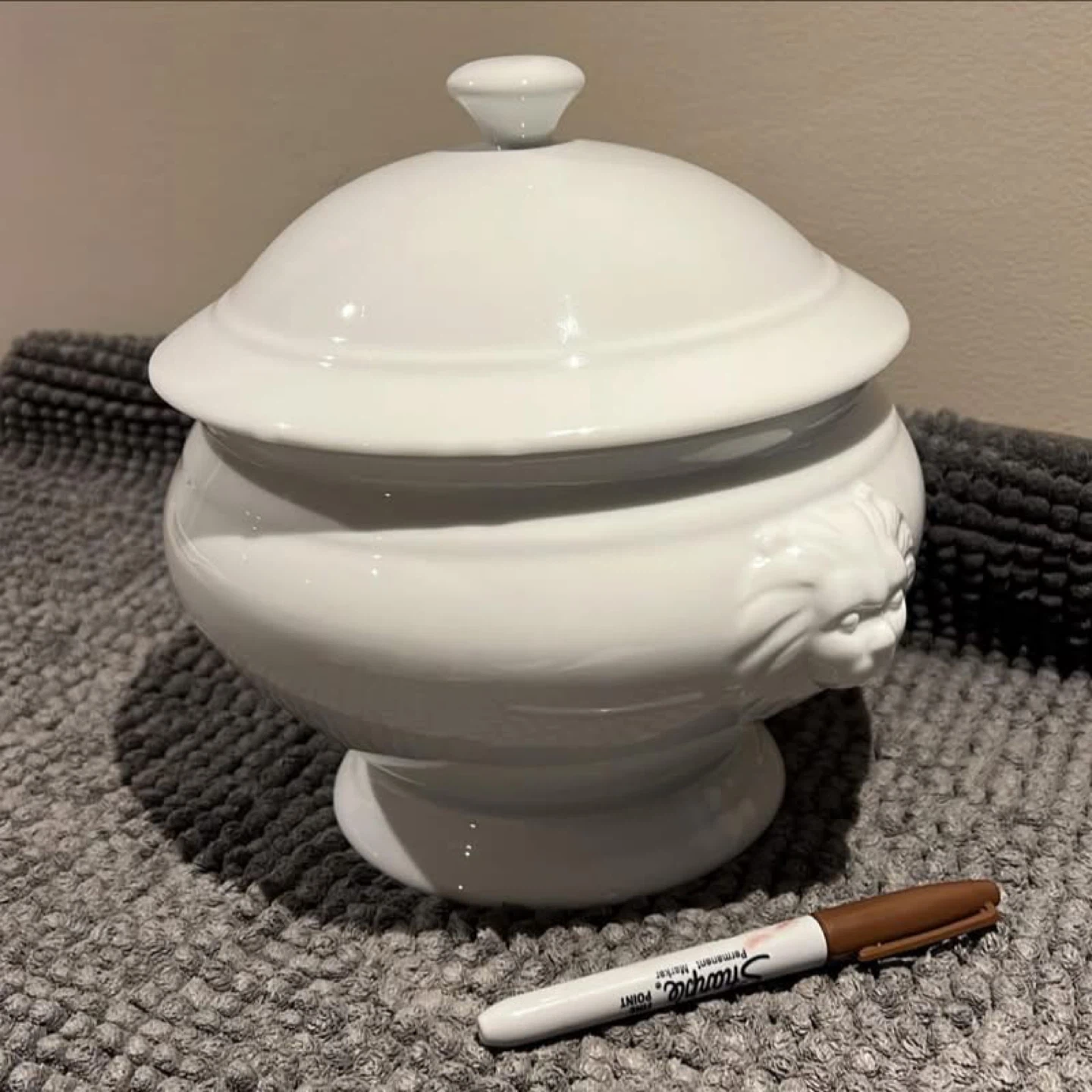 White Porcelain Covered Serving Dish with Lion Head Handles
