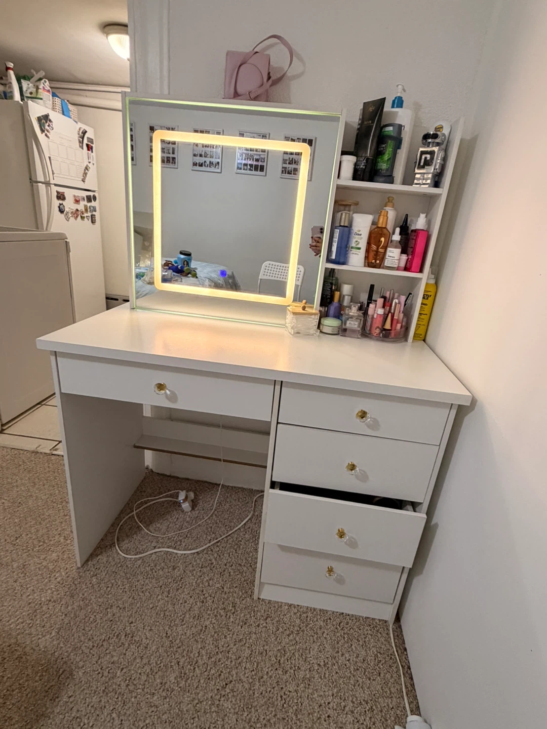 Vanity Desk with LED Mirror – White (3 Light Modes)