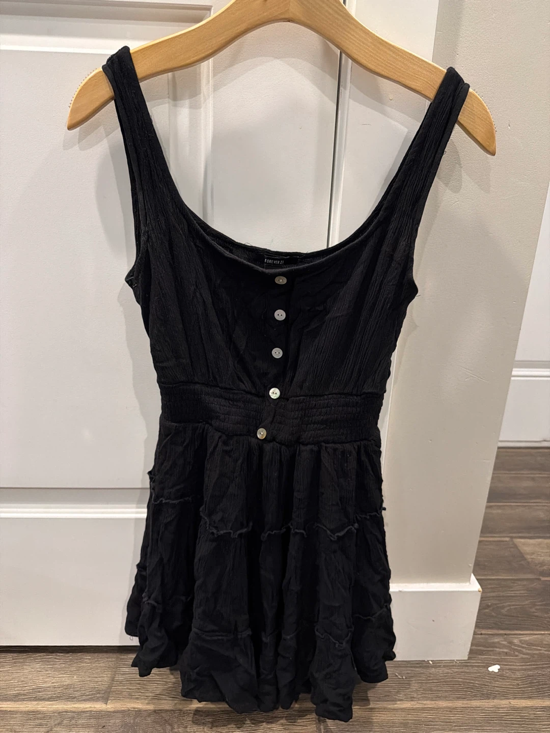 Black Smocked Button-Up Mini Dress