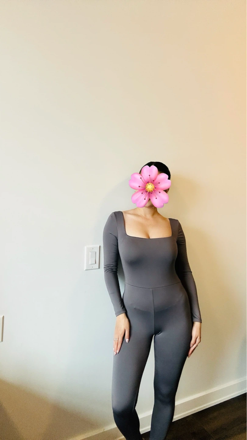 Women's Grey Square Neck Long Sleeve Jumpsuit