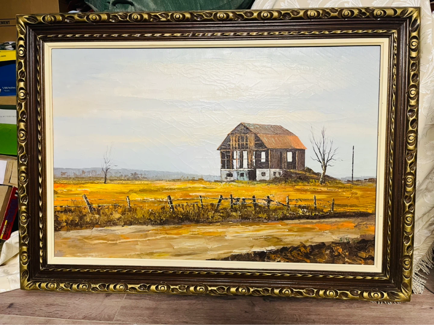 Framed Oil Painting of a Barn Scene