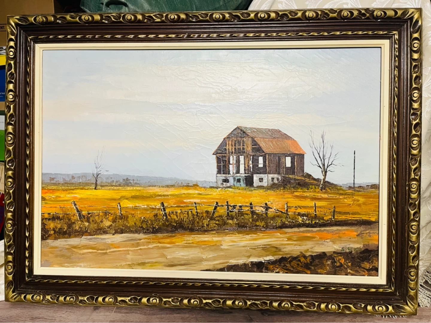 Framed Oil Painting of a Barn Scene - photo 2
