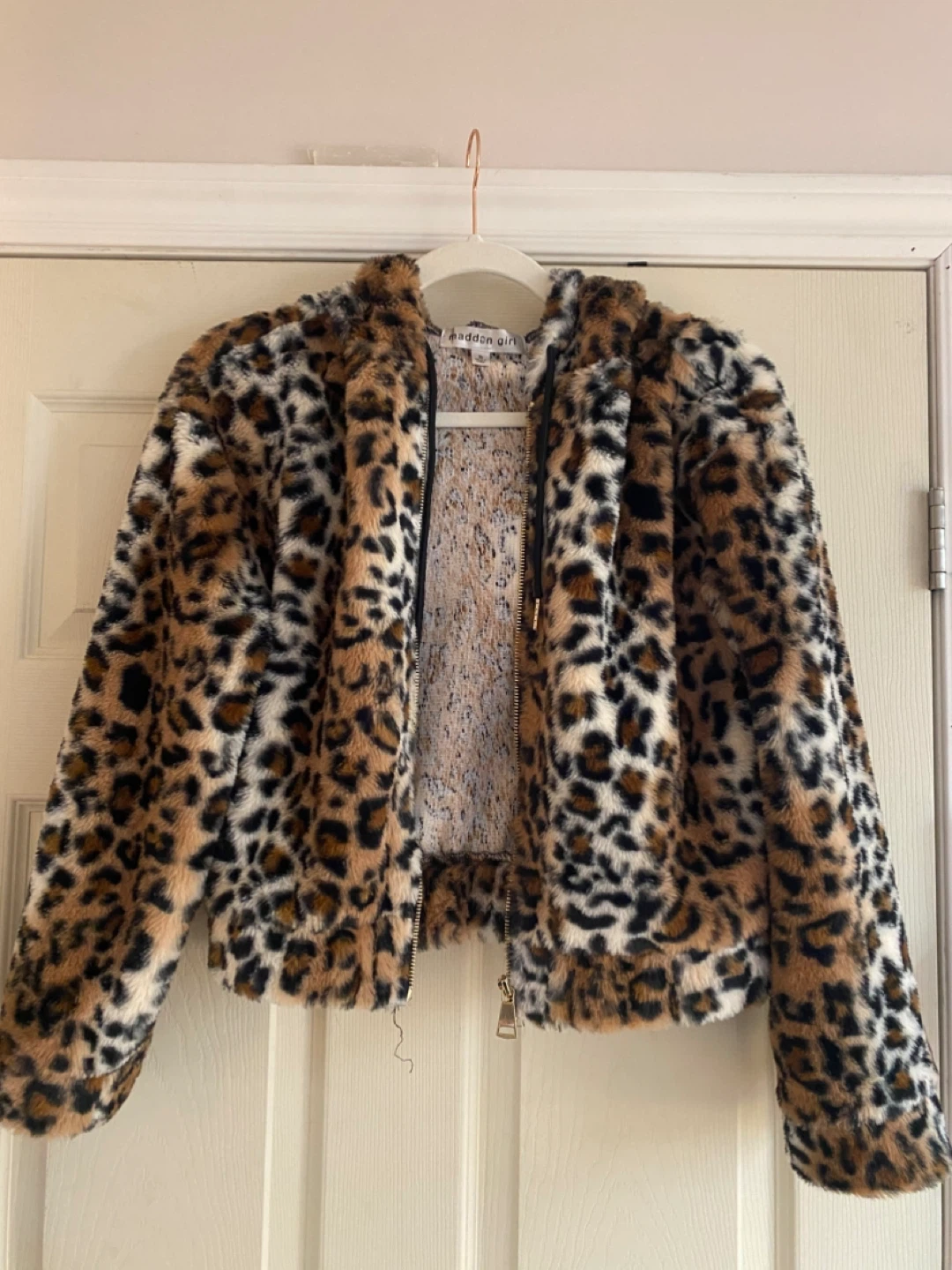 Madden Girl Leopard Print Faux Fur Hooded Jacket - Size S