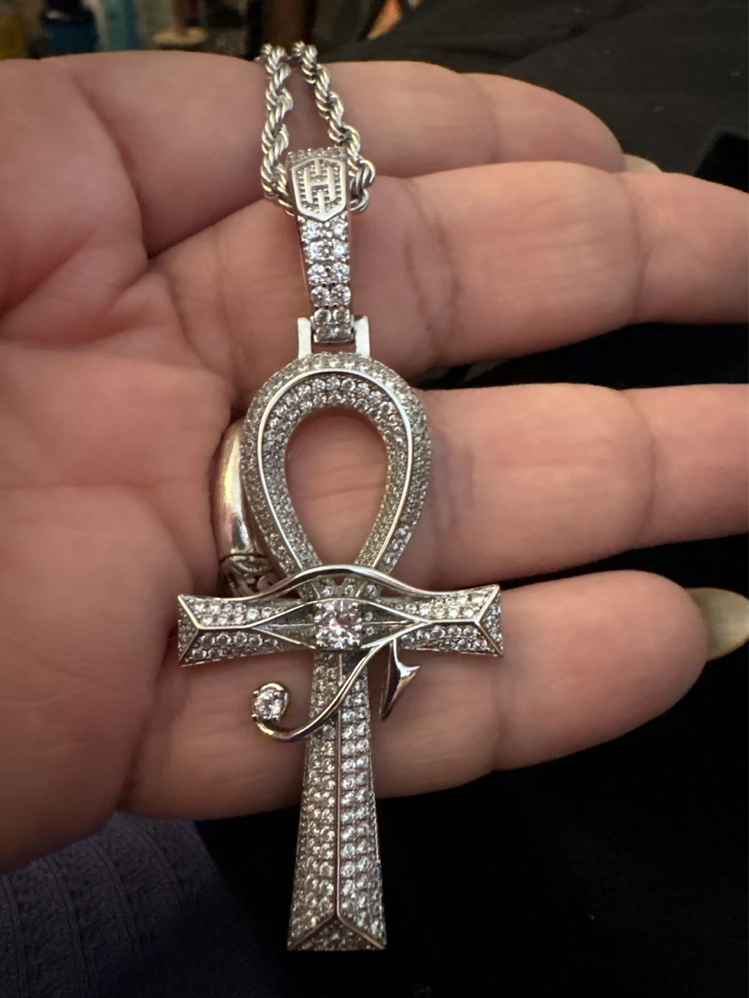 NEW Ankh 18K white Gold SS Pendant Necklace with Rope Chain