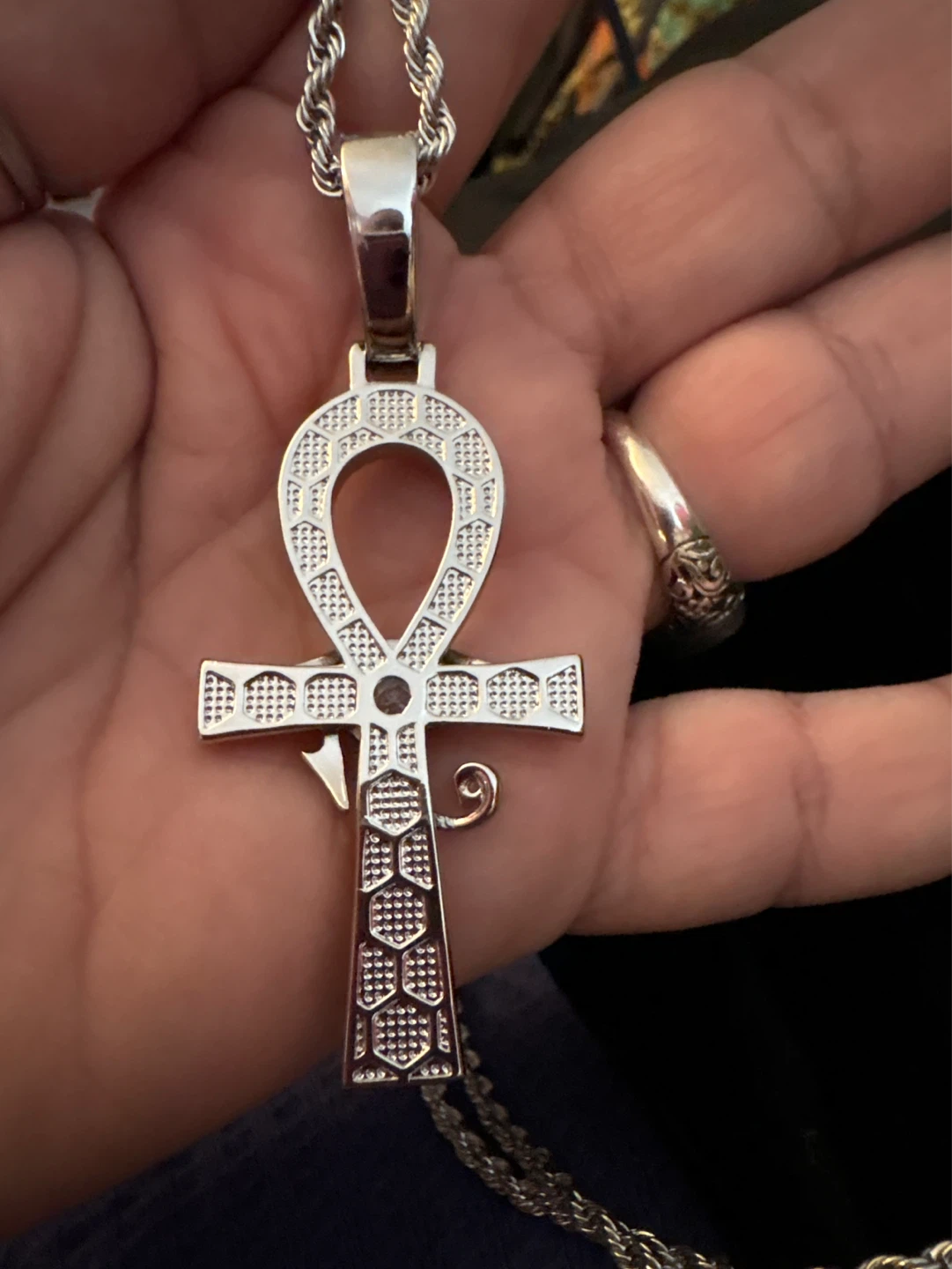 NEW Ankh 18K white Gold SS Pendant Necklace with Rope Chain - photo 3