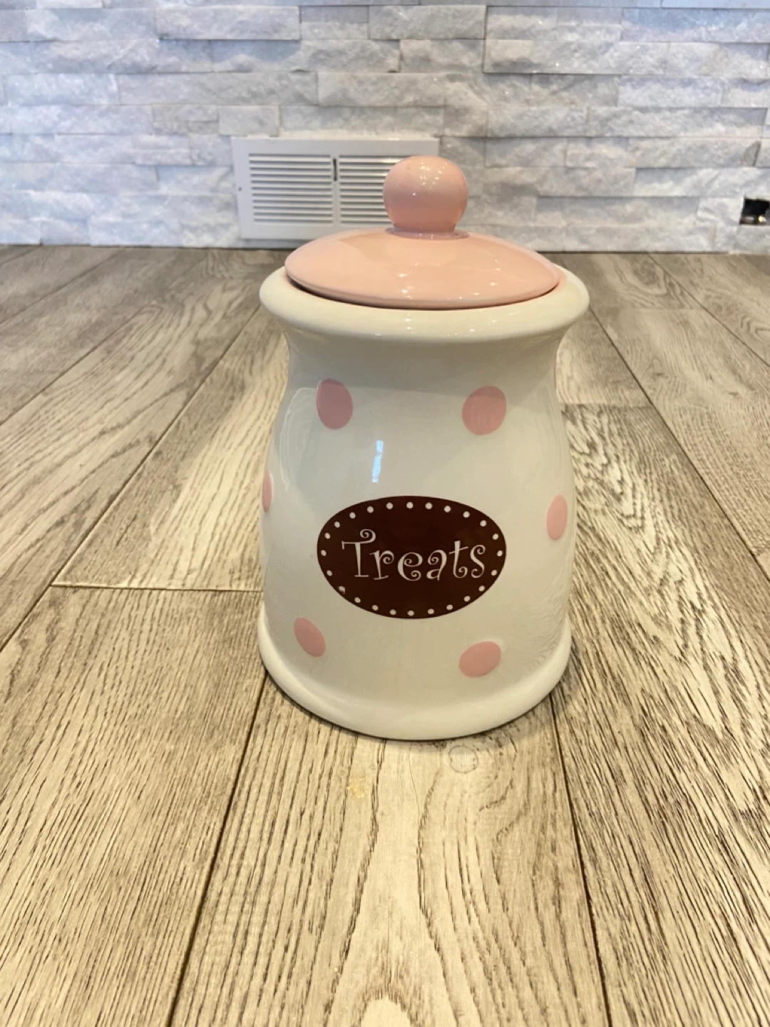 White Ceramic Treat Jar with Pink Polka Dots