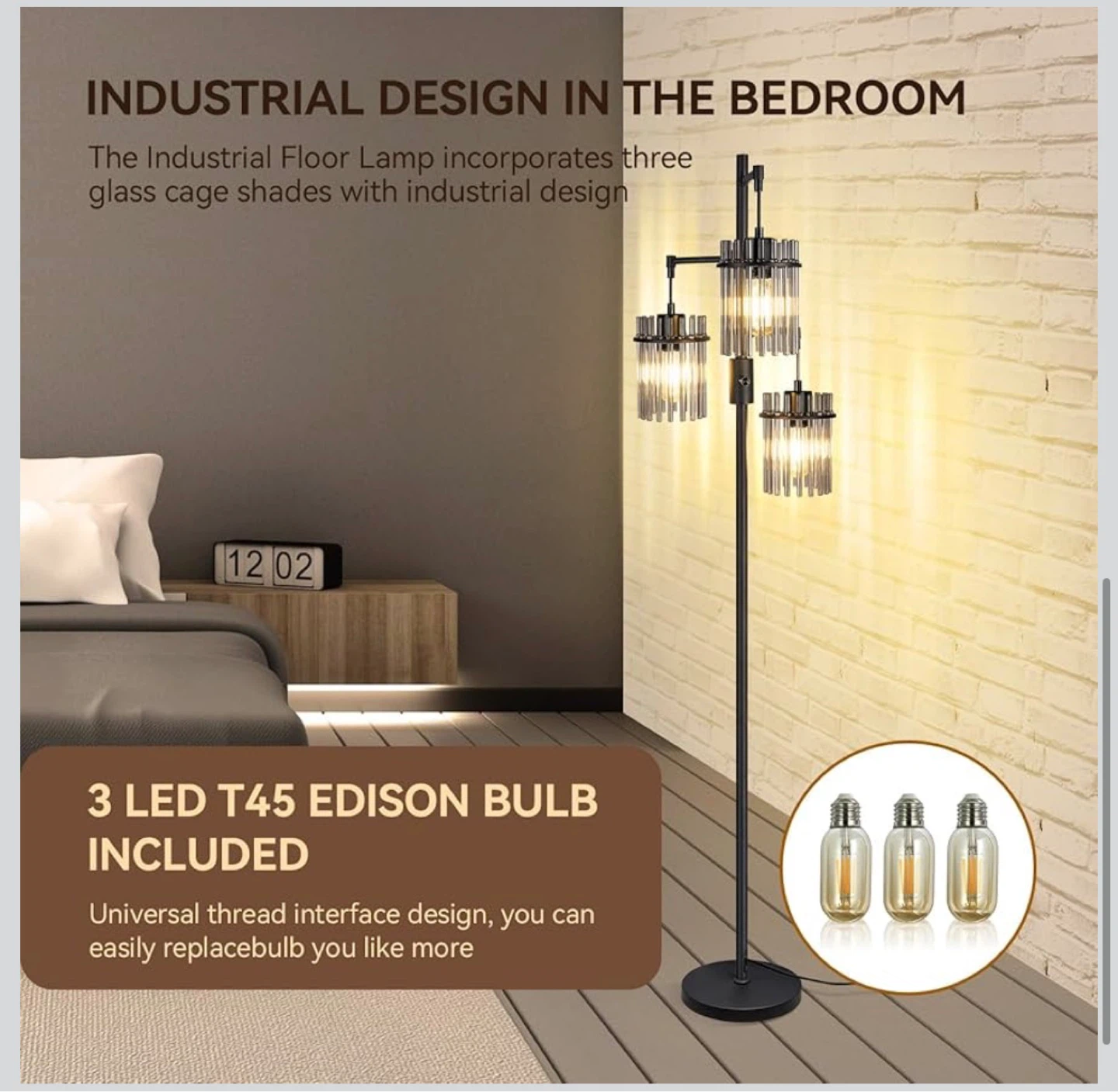 Dimmable Industrial Floor Lamp with 3 Crystal Cage Shades F66 - photo 4