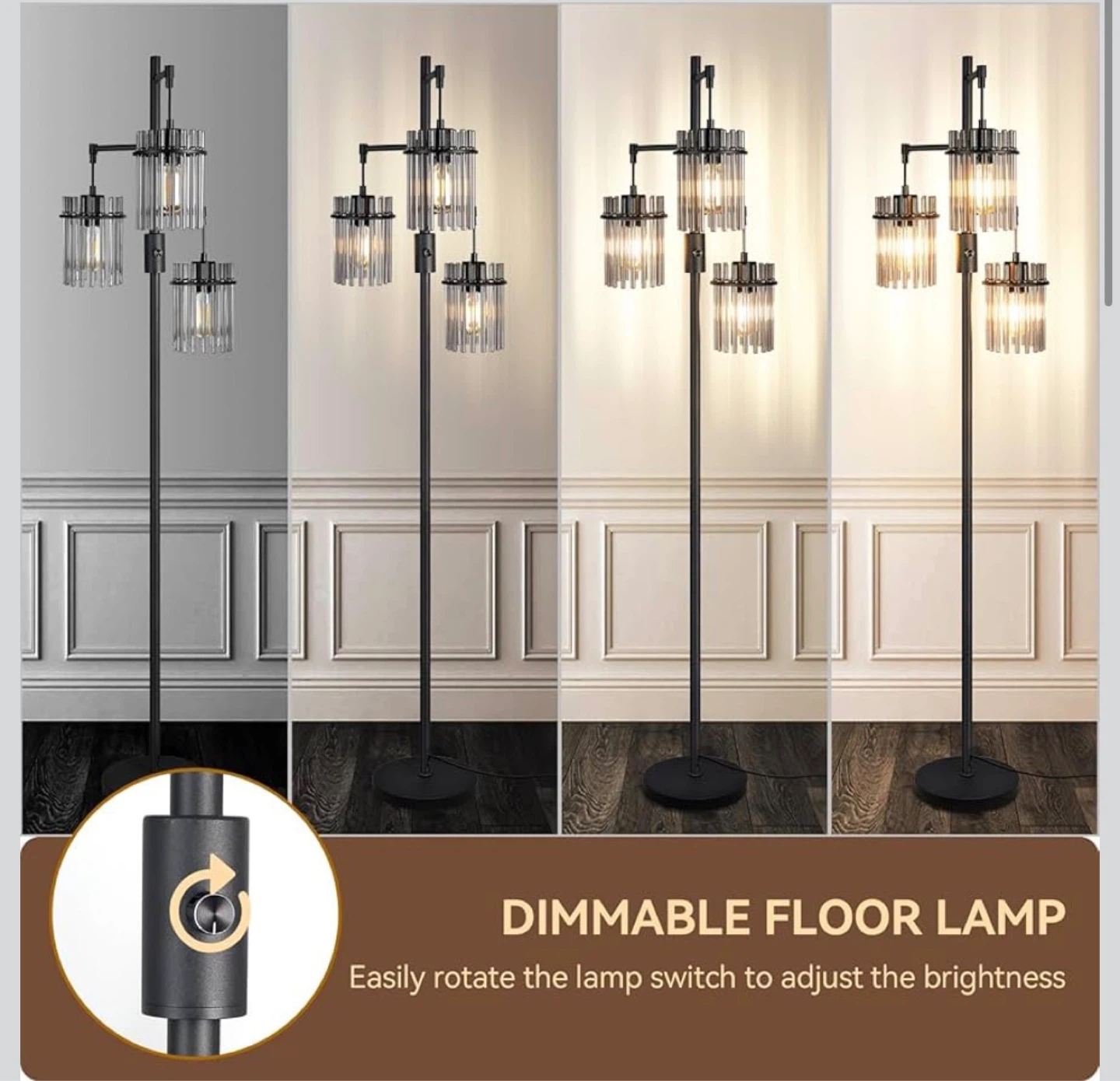 Dimmable Industrial Floor Lamp with 3 Crystal Cage Shades F66 - photo 2