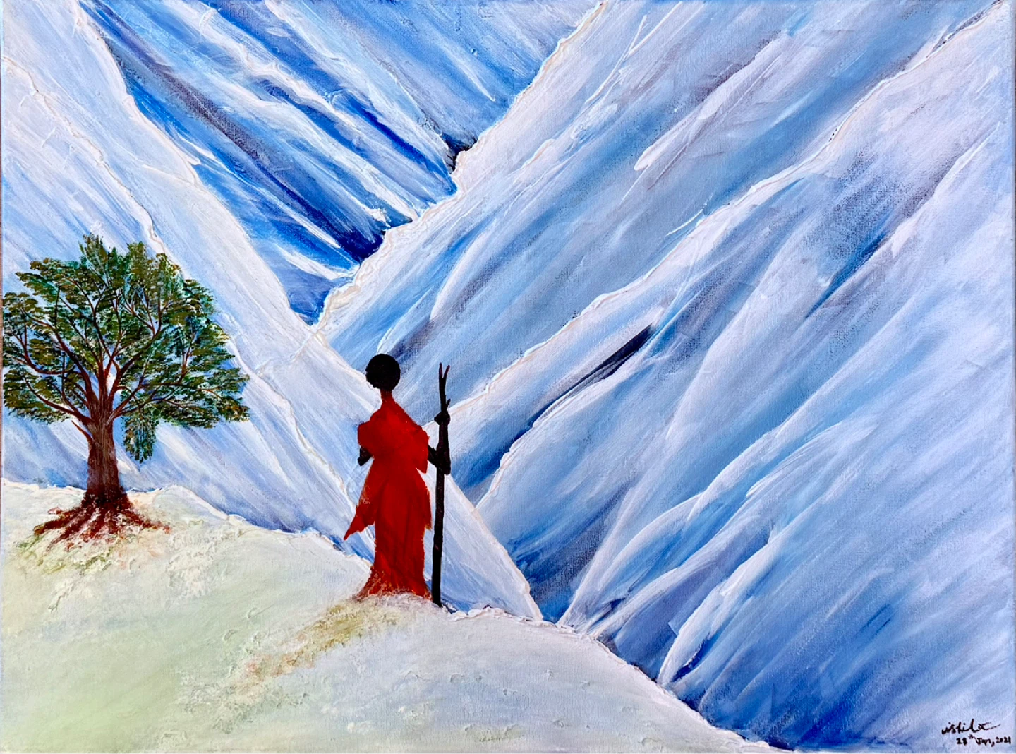 Acrylic Painting - Serene Mountain Landscape with Figure