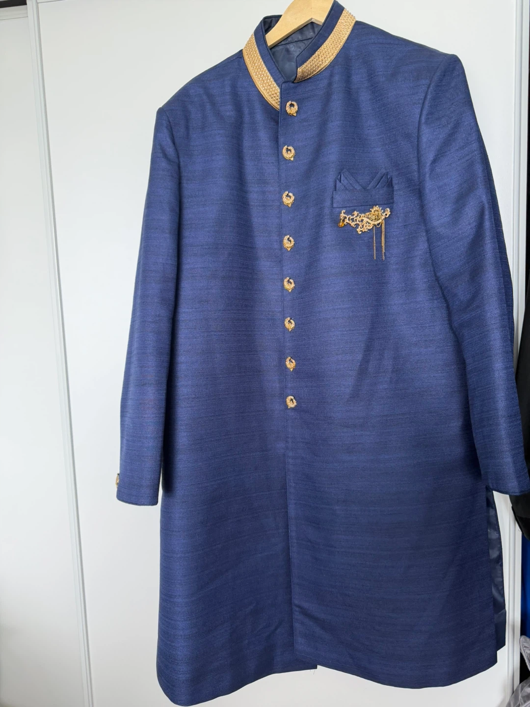 Blue Sherwani with Gold Accents + pants + shoes