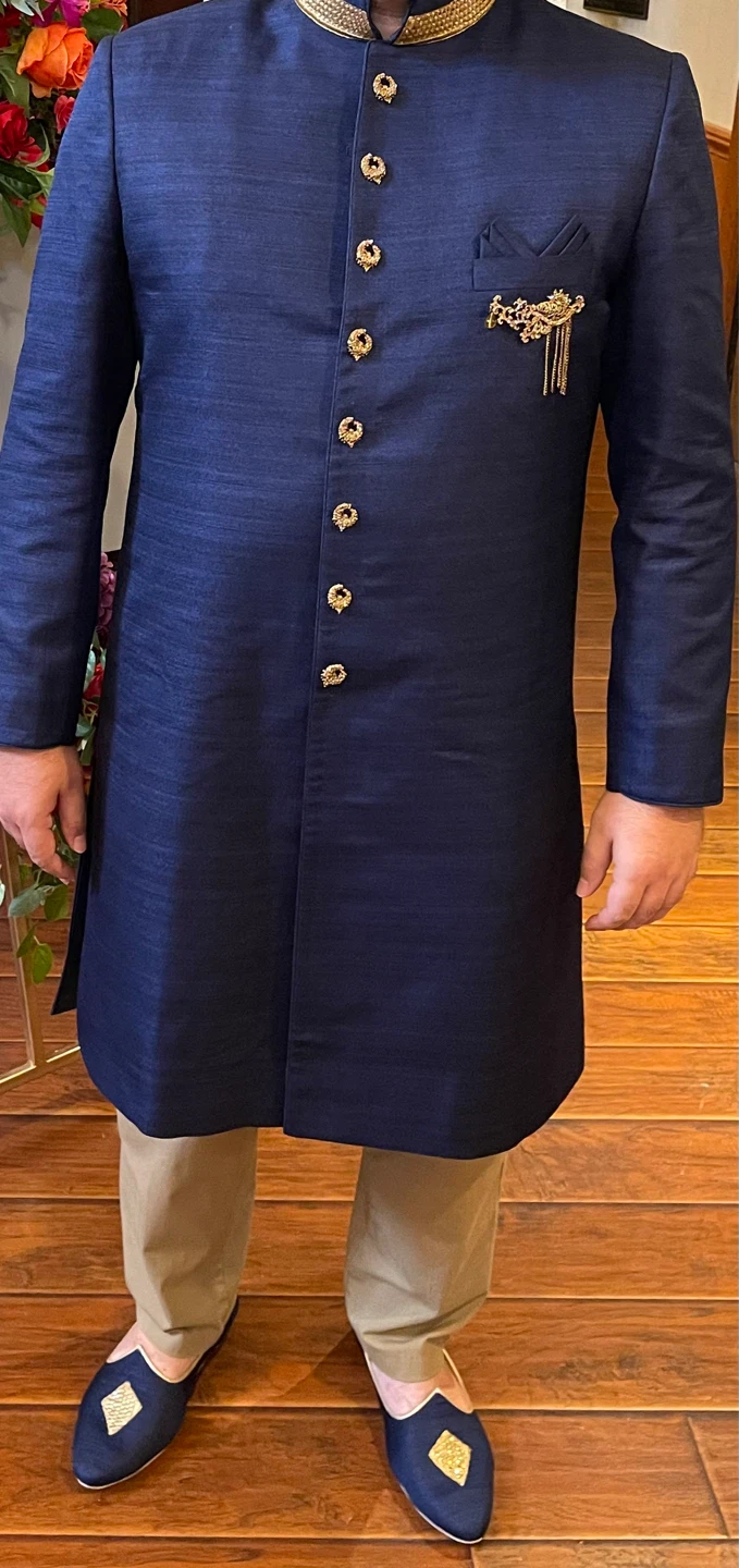 Blue Sherwani with Gold Accents + pants + shoes - photo 3