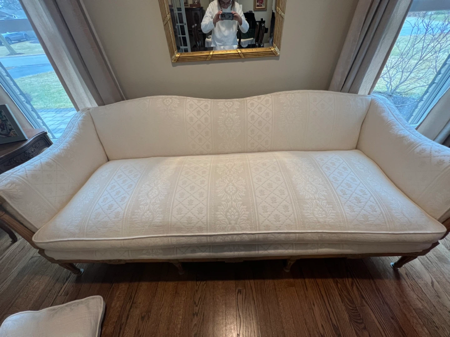 White Damask Sofa with Carved Wood Frame