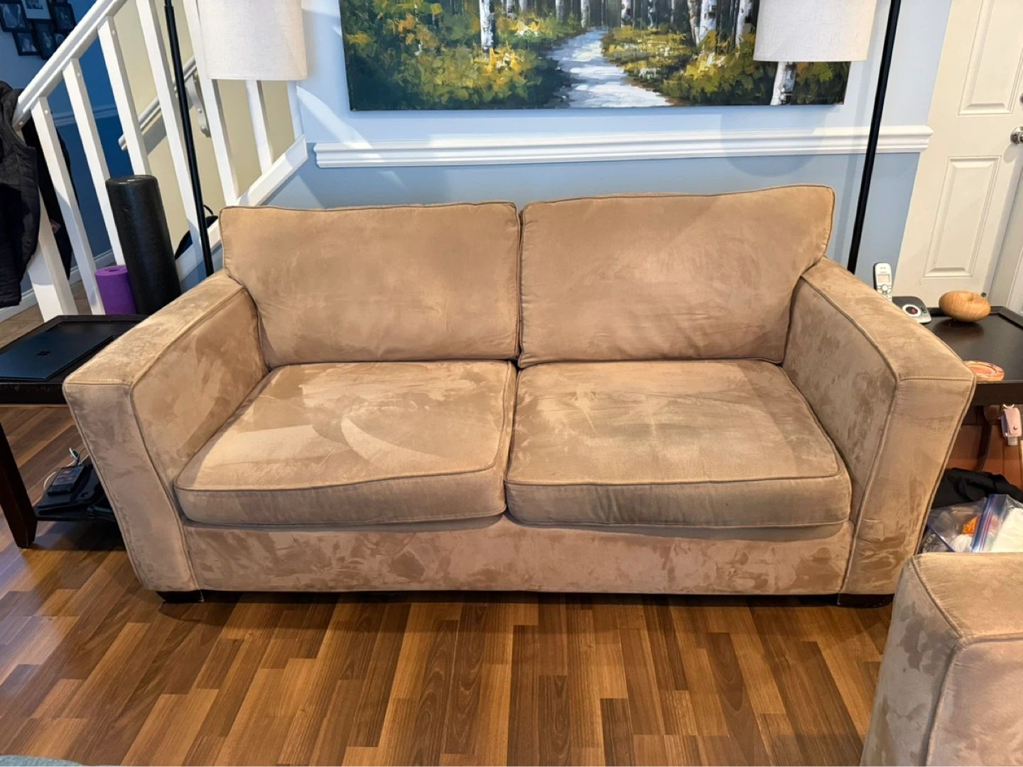 Tan Ultra Suede Loveseat and Armchair Set