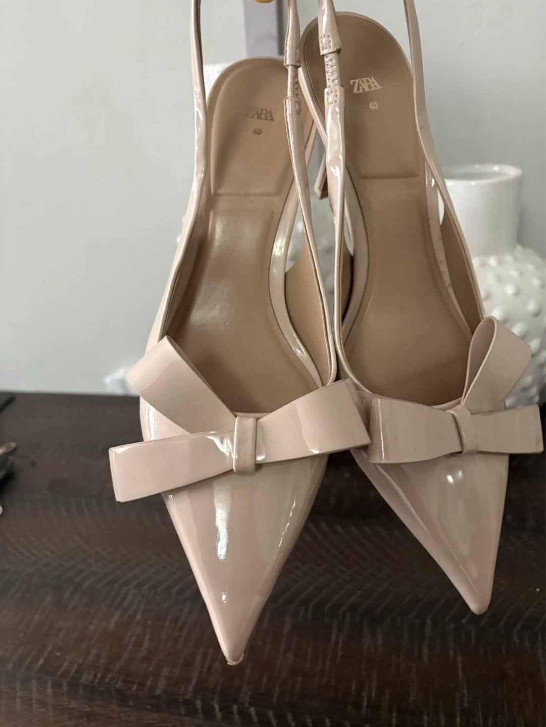 Zara Women's Nude Patent Bow Slingback Heels - Size 40