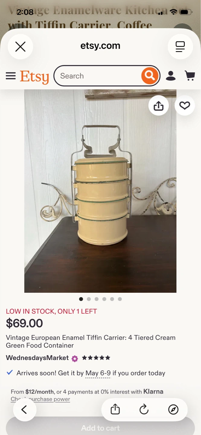 Vintage European Enamel Tiffin Carrier - 4 Tiered Cream
