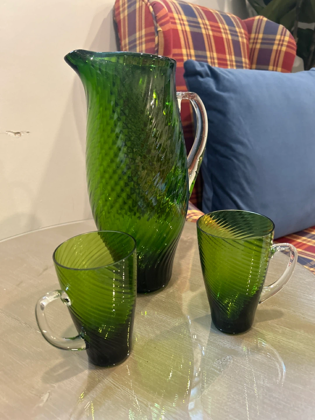 Handblown Green Swirl Glass Pitcher and 2 Mugs Set