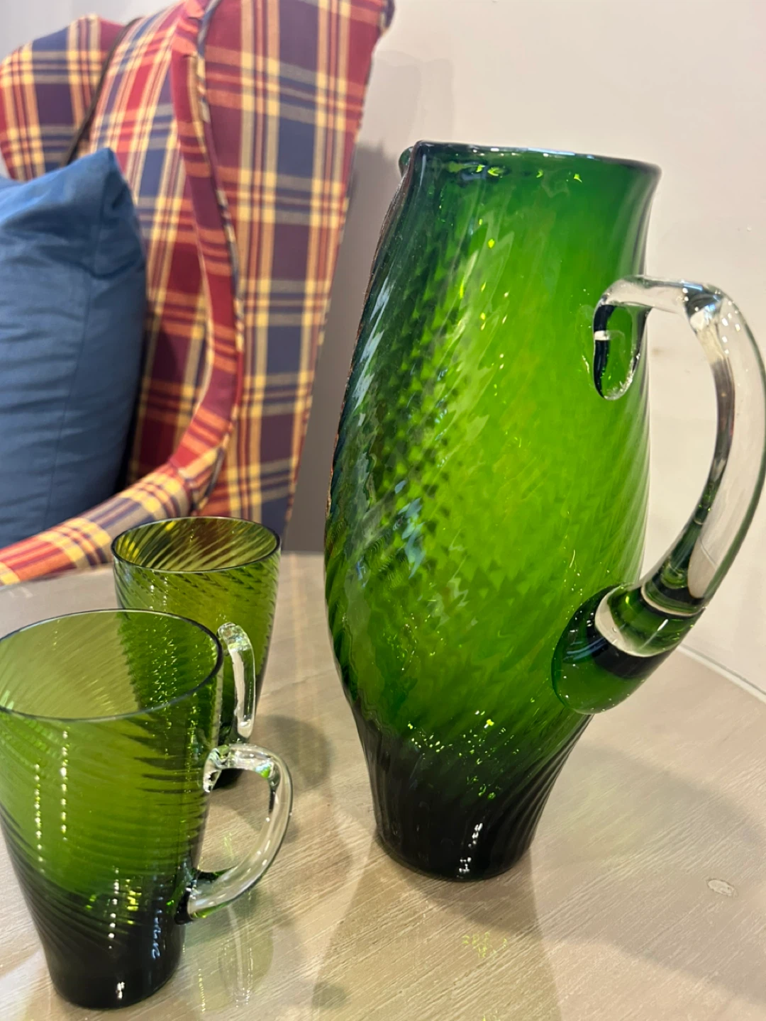 Handblown Green Swirl Glass Pitcher and 2 Mugs Set - photo 4