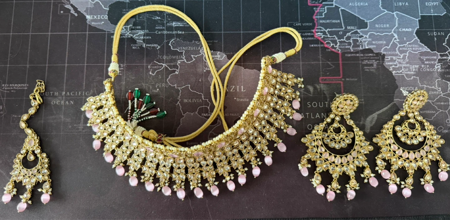 Gold-tone Kundan Jewellery Set with Pink Stones