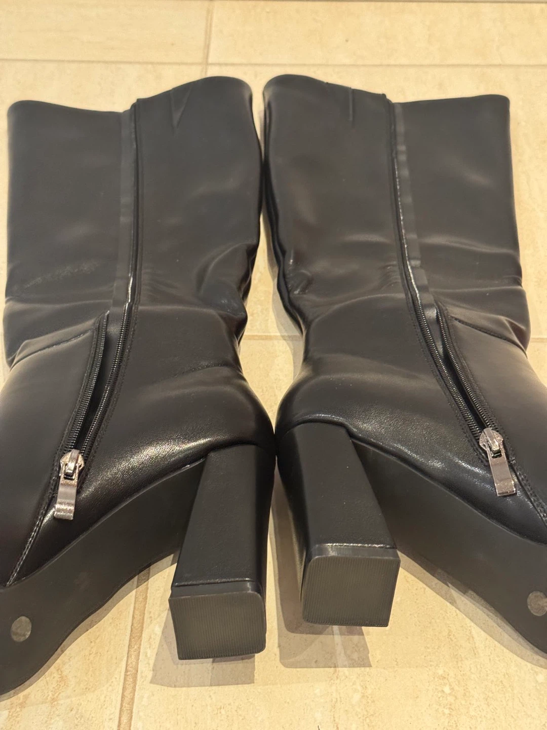Black Faux Leather Square Toe Heeled Boots - photo 4