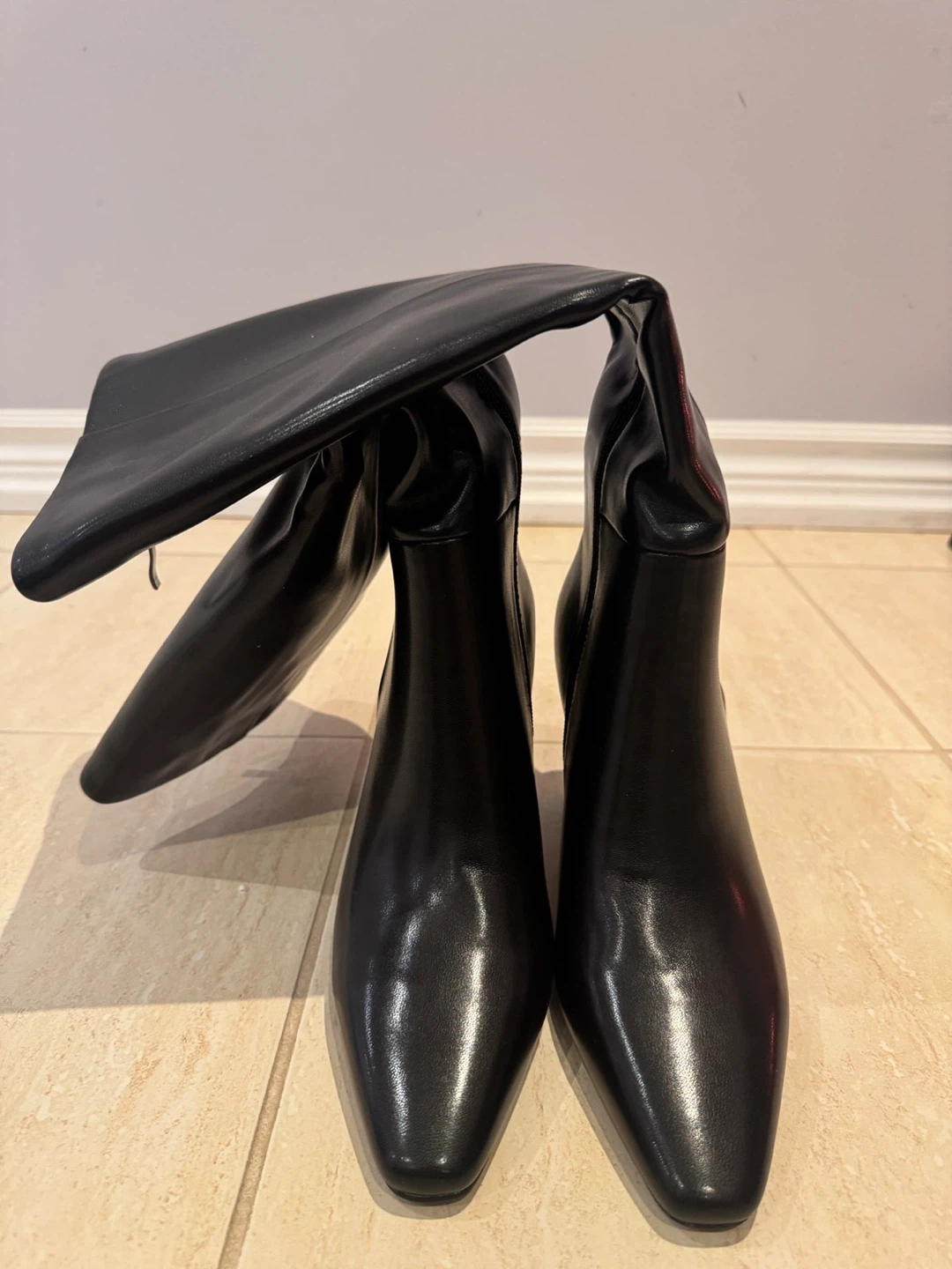 Black Faux Leather Square Toe Heeled Boots - photo 2
