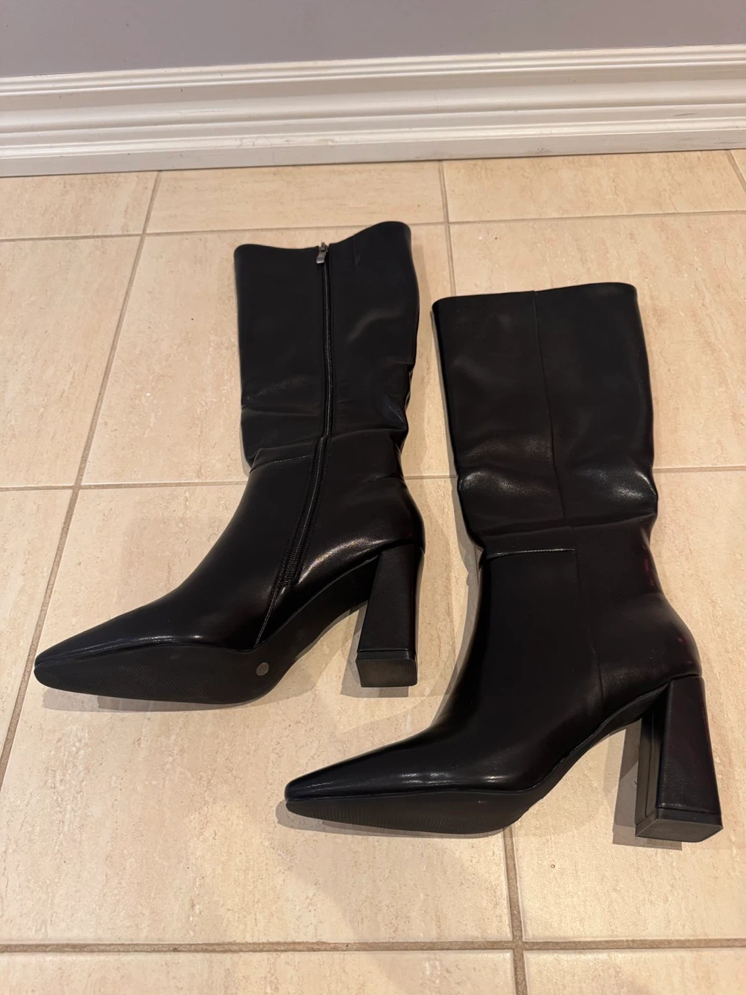 Black Faux Leather Square Toe Heeled Boots - photo 3