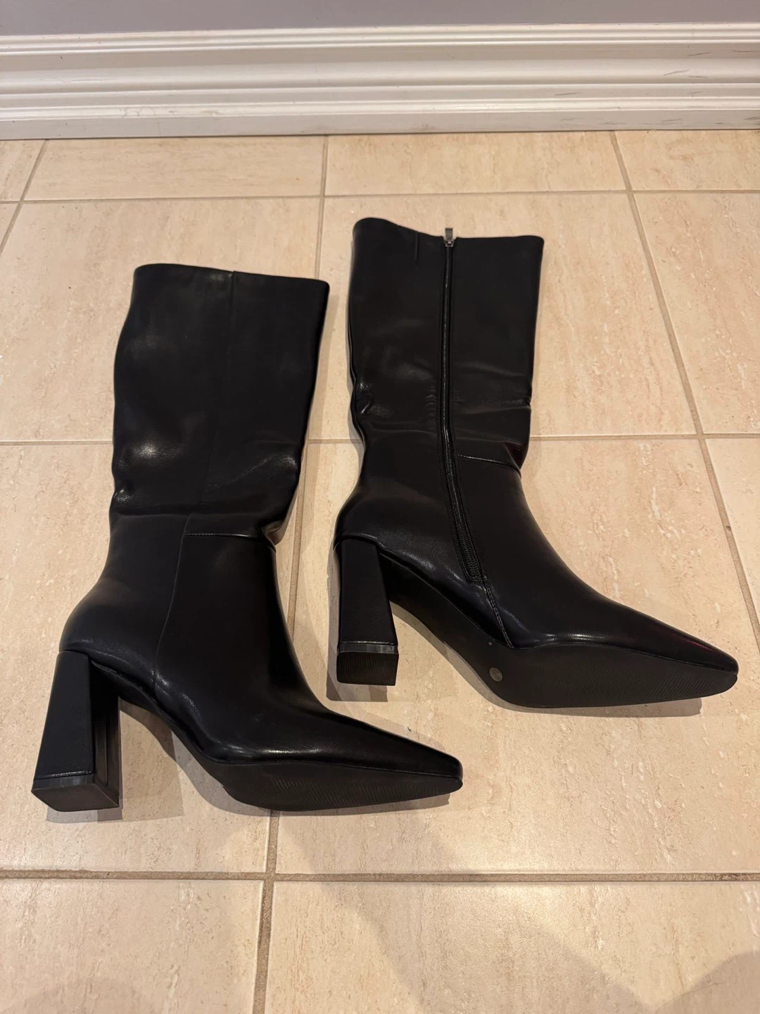 Black Faux Leather Square Toe Heeled Boots