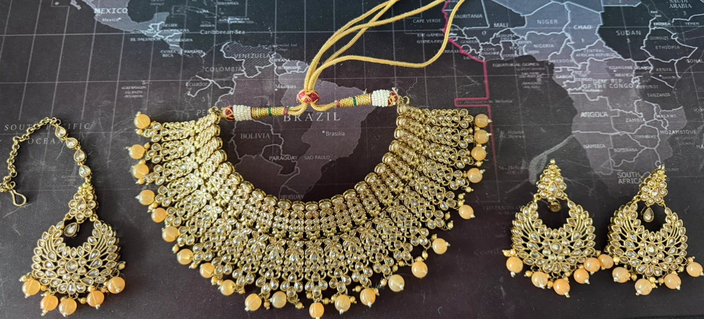 Gold-tone Indian Necklace Set with Earrings and Tikka