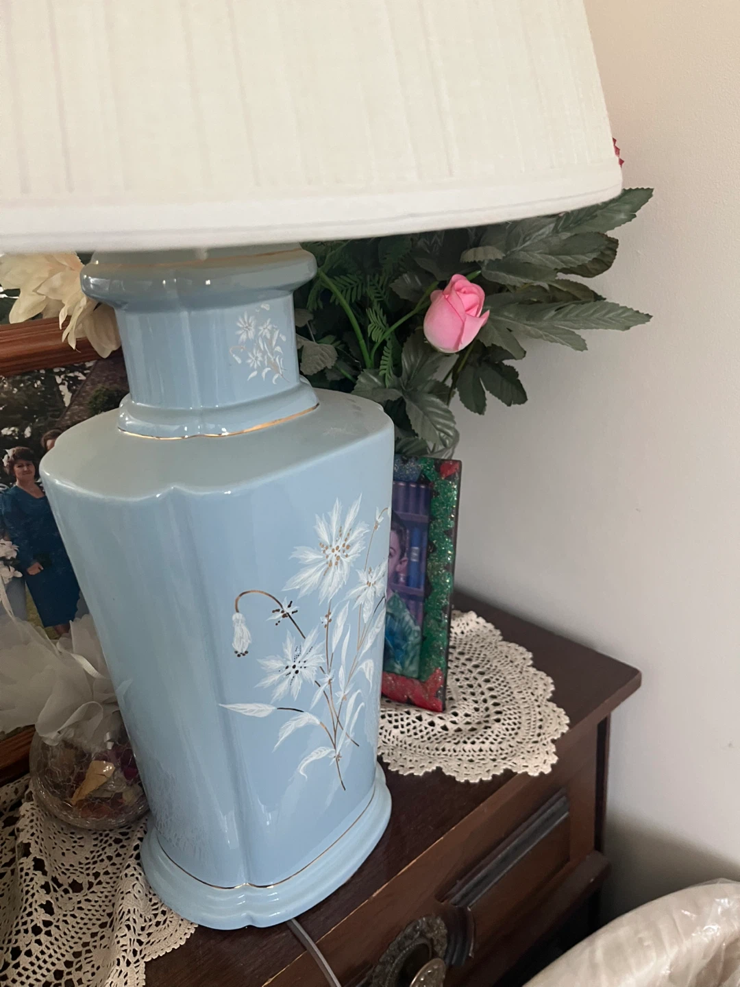 Vintage Blue Ceramic Table Lamp with Floral Design