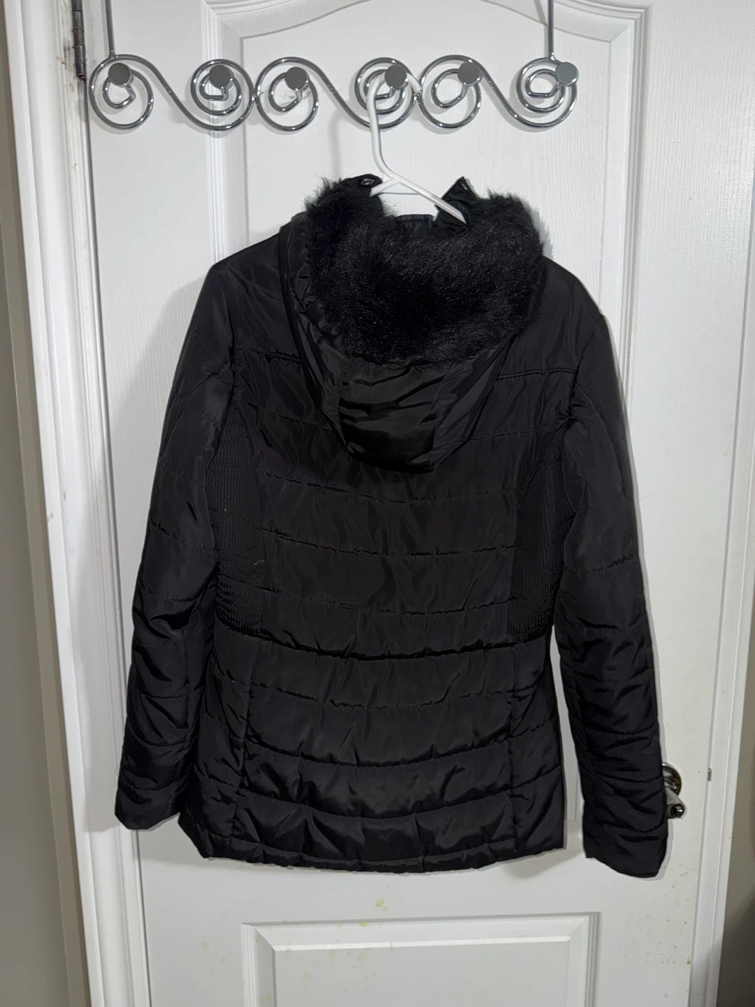 Black Puffer Jacket with Faux Fur Hood - photo 2