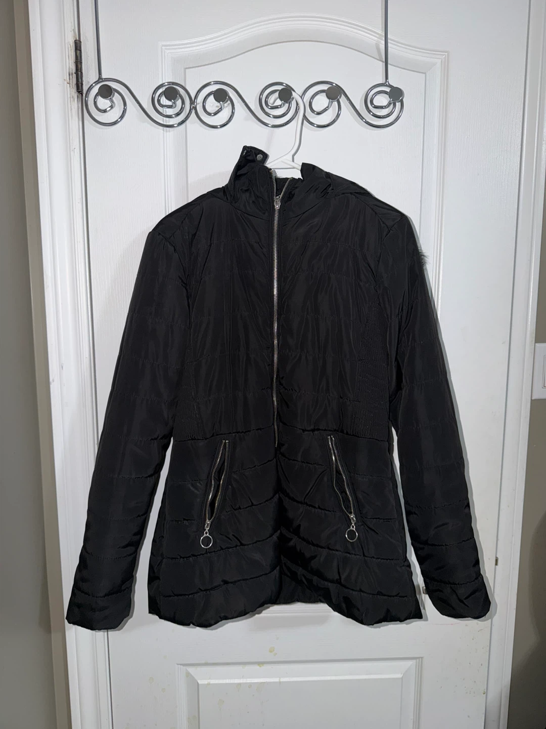 Black Puffer Jacket with Faux Fur Hood