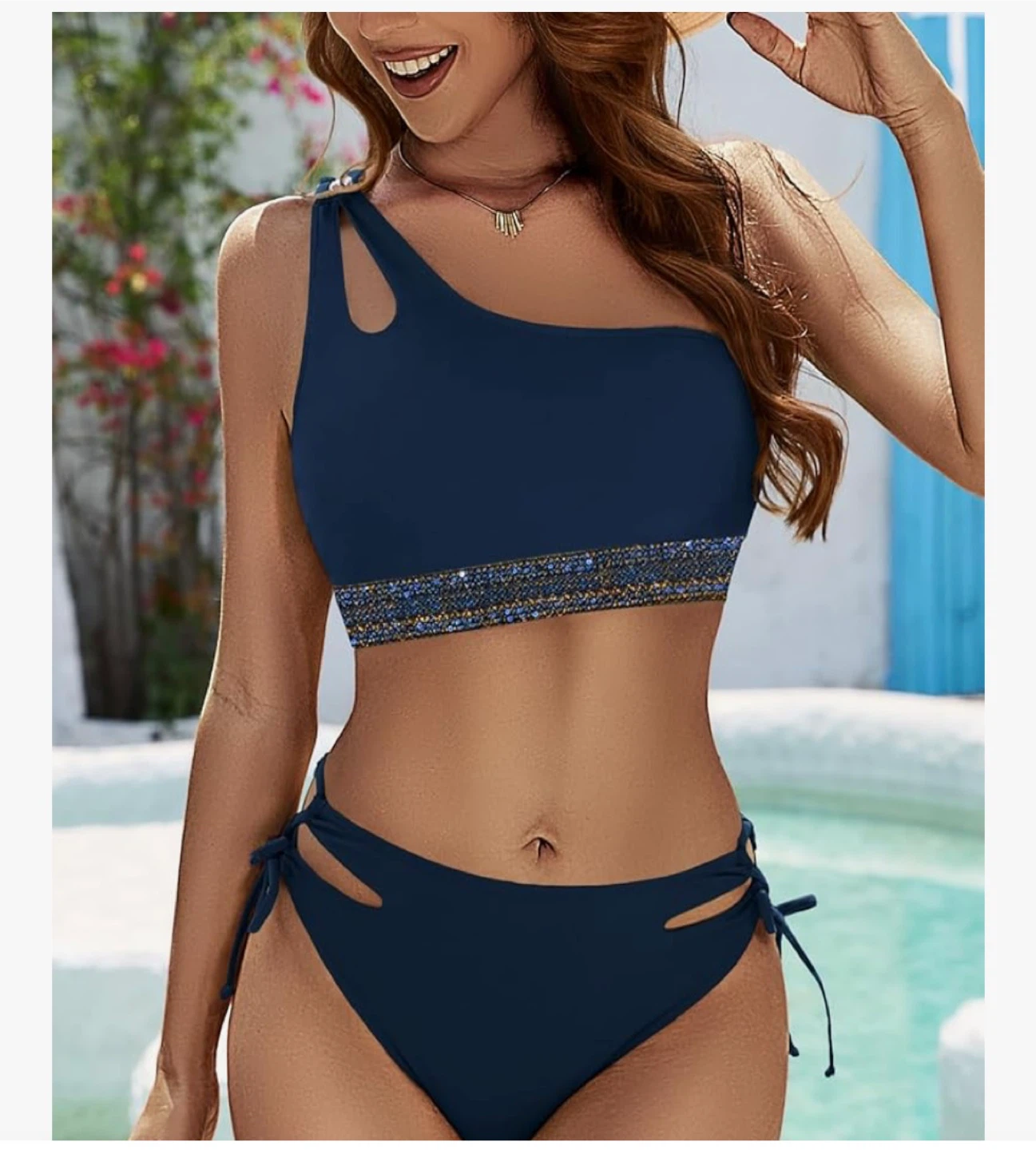 ZILCREMO Women's Navy One-Shoulder Bikini Set - photo 4