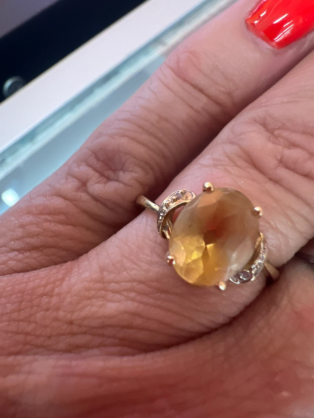 10 k Oval Citrine Ring with Diamond Accents