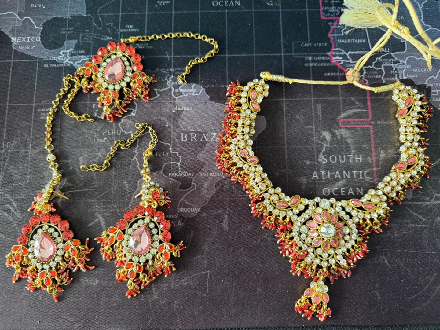 Gold-tone Necklace and Earring Set with Red and Pink Stones