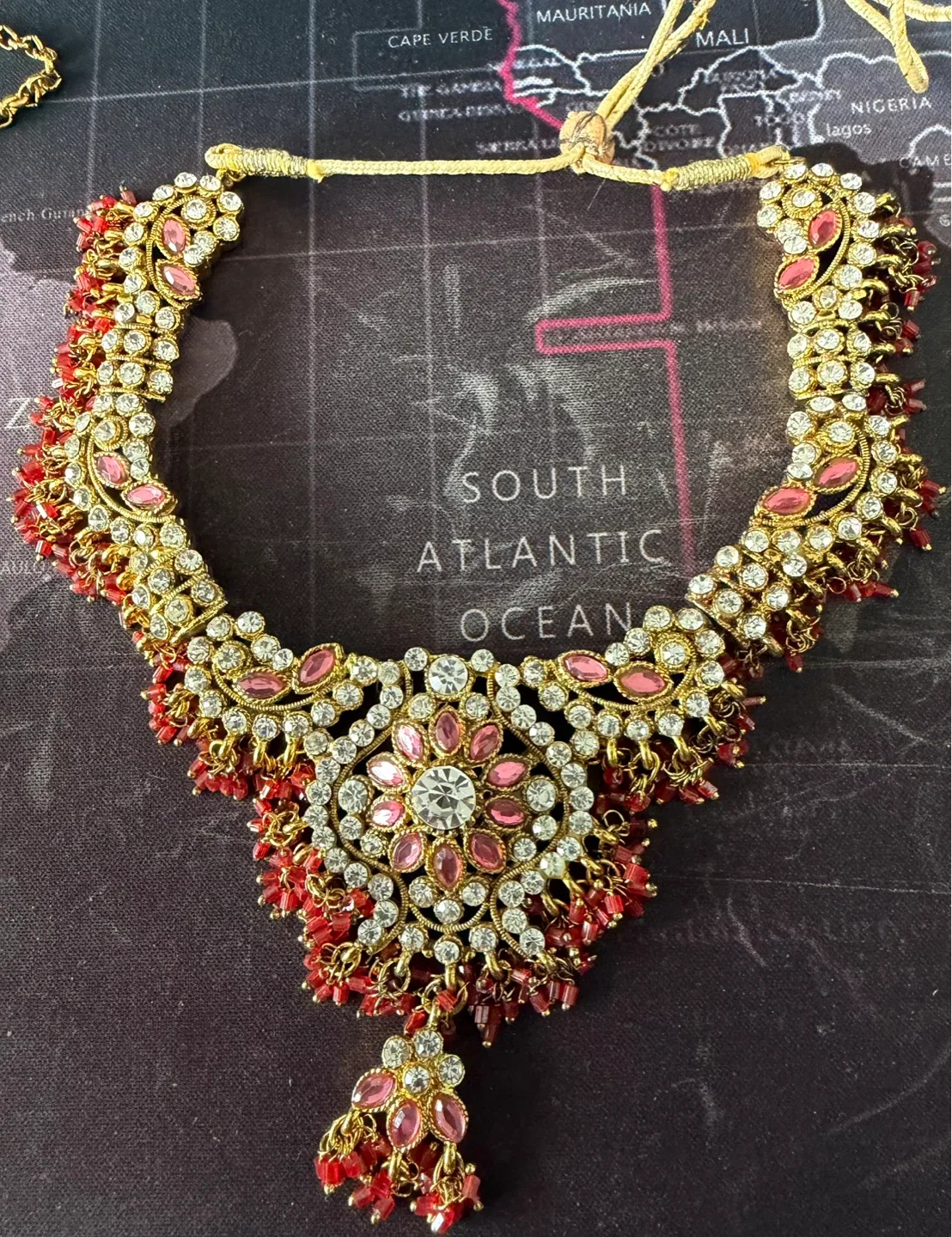 Gold-tone Necklace and Earring Set with Red and Pink Stones - photo 3