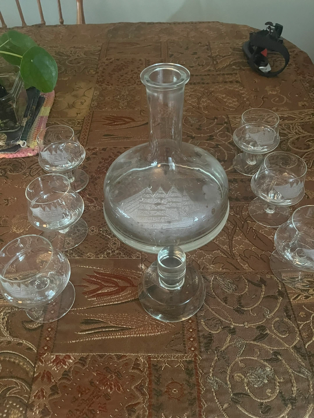 Glass Decanter and Glasses Set with Ship Etching - photo 3