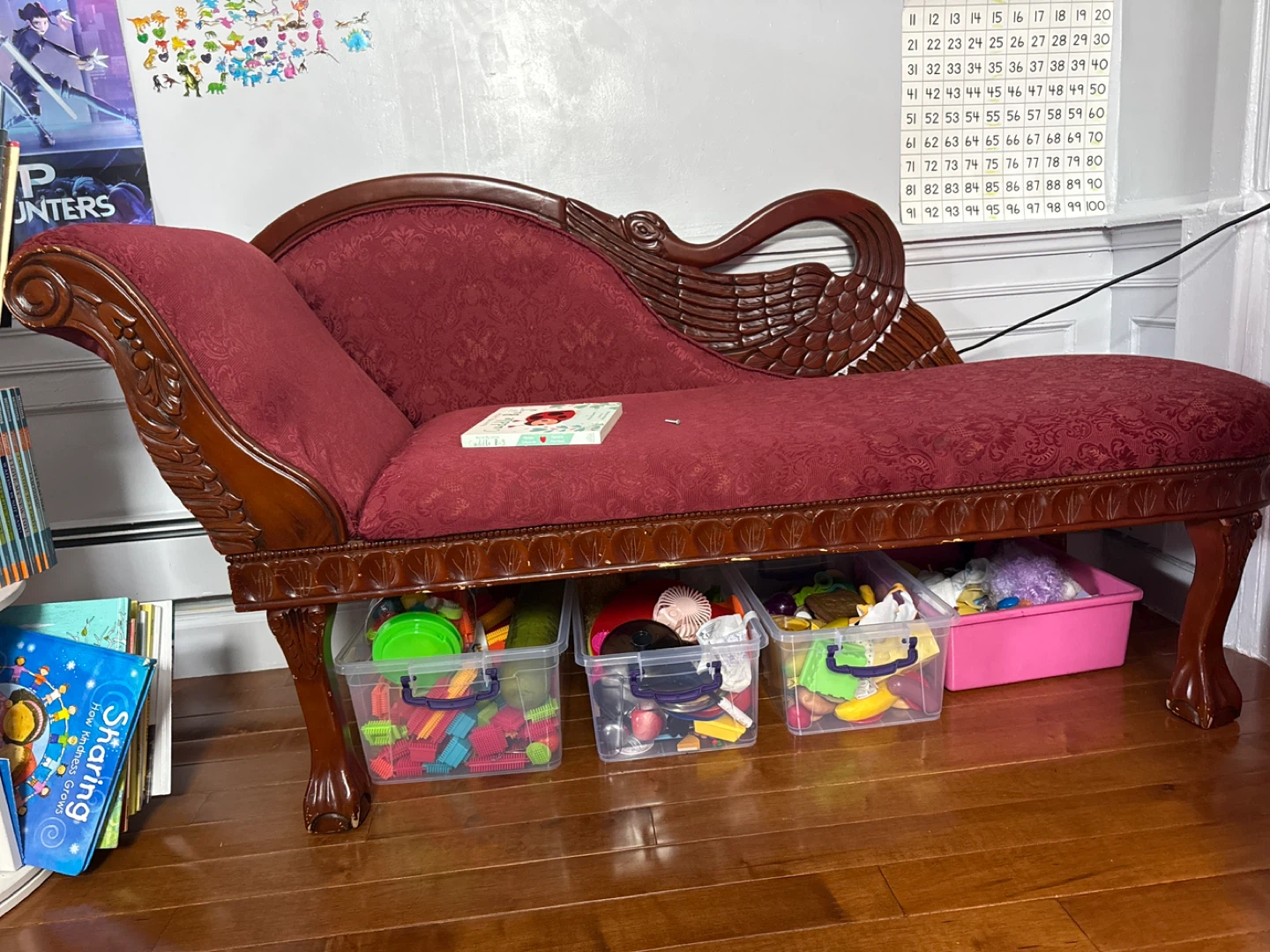 Ornate Red Chaise Lounge with Storage