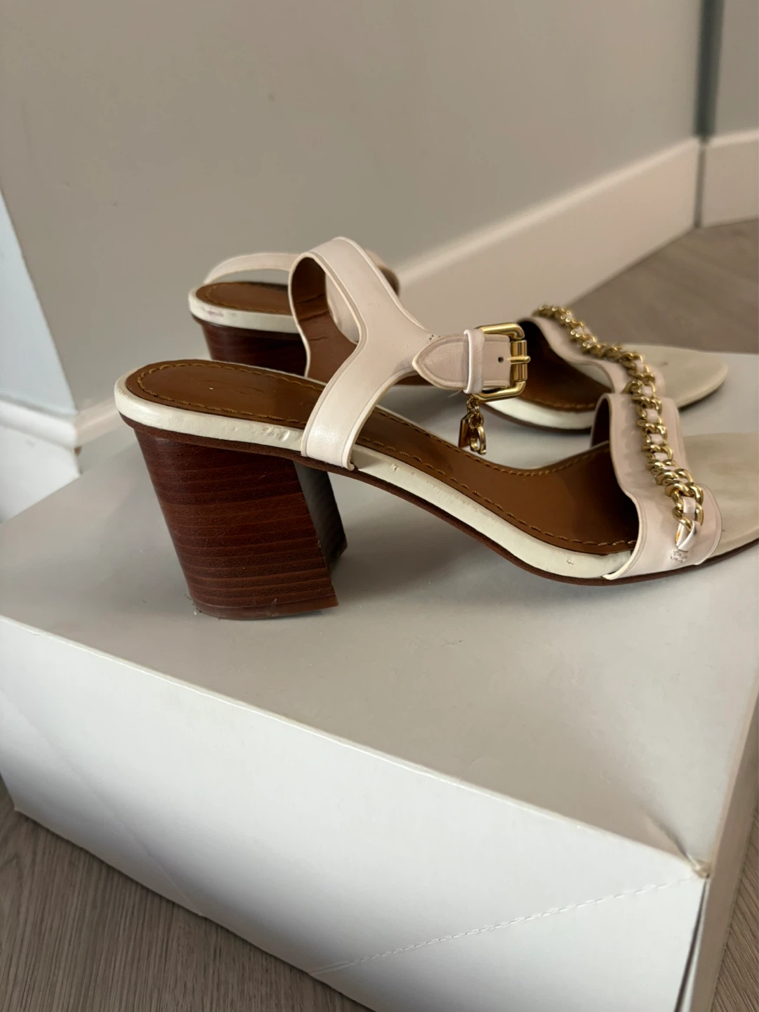 White Leather Chain Strap Heeled Sandals