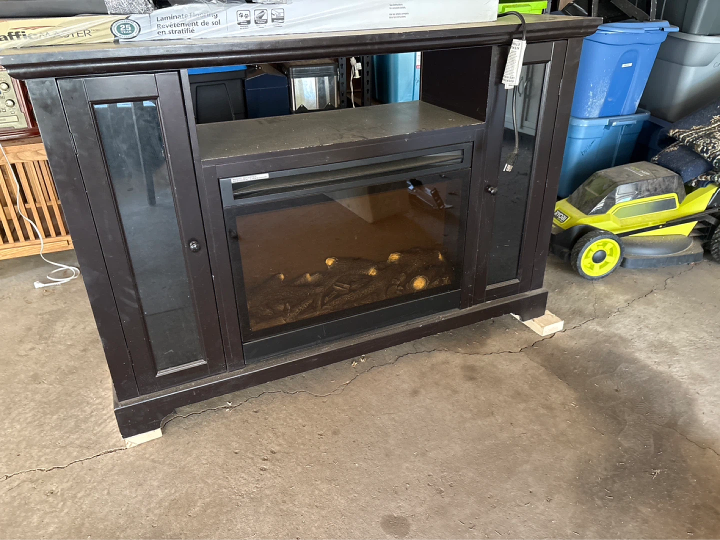 Dark Wood Fireplace TV Stand with Glass Doors