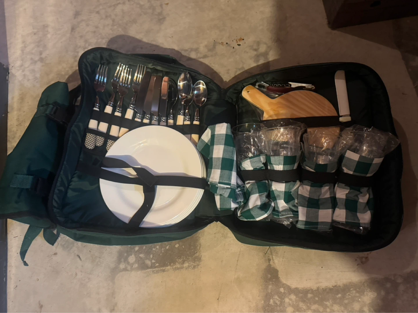 Green Picnic Basket Set with Utensils and Plates