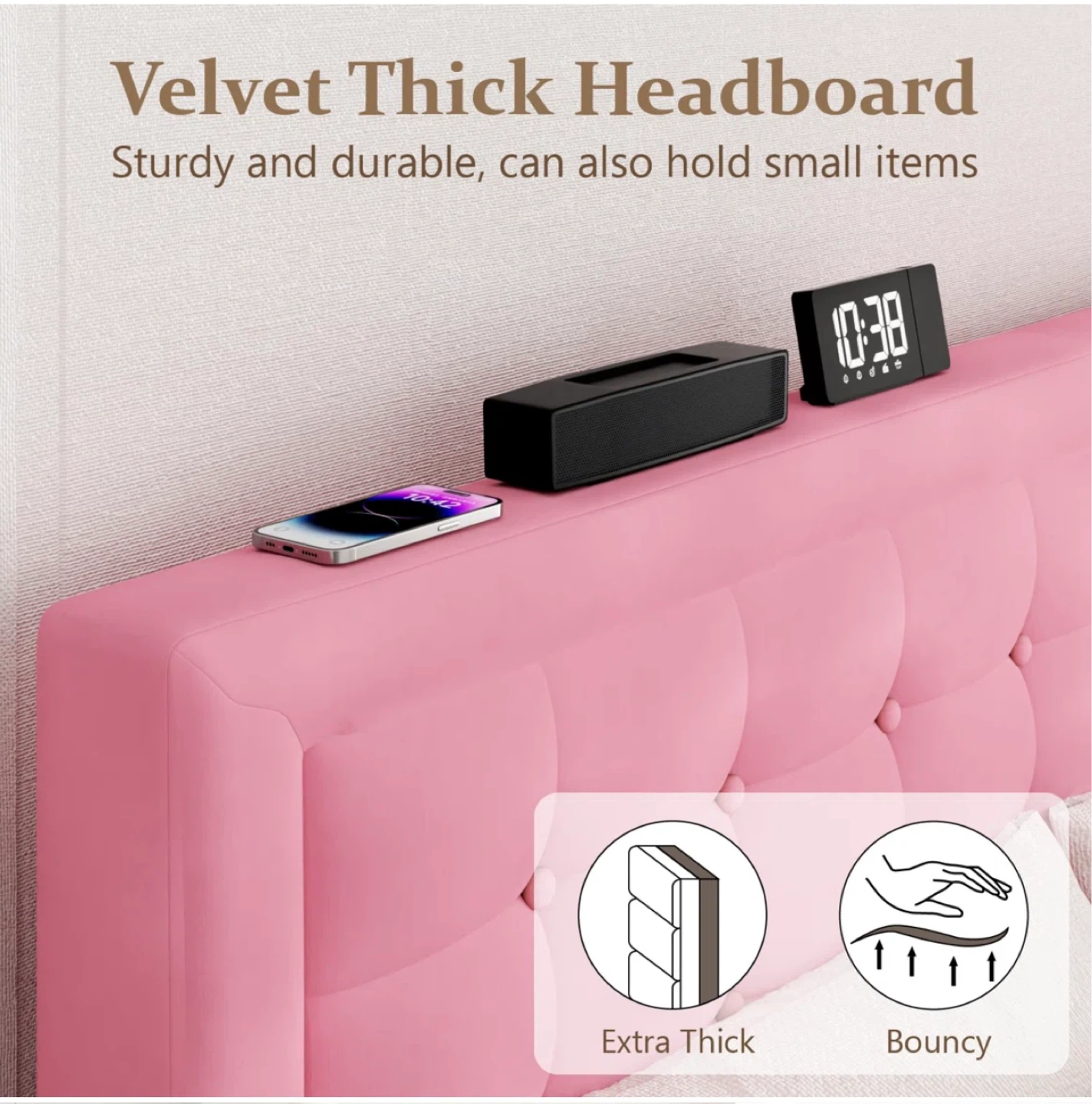 Pink Velvet Tufted King Size Bed Frame with Headboard - photo 2