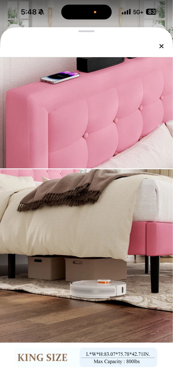 Pink Velvet Tufted King Size Bed Frame with Headboard - photo 4