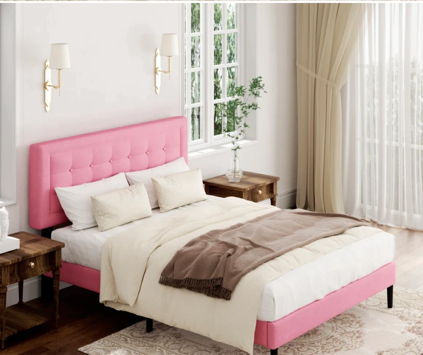 Pink Velvet Tufted King Size Bed Frame with Headboard - photo 5