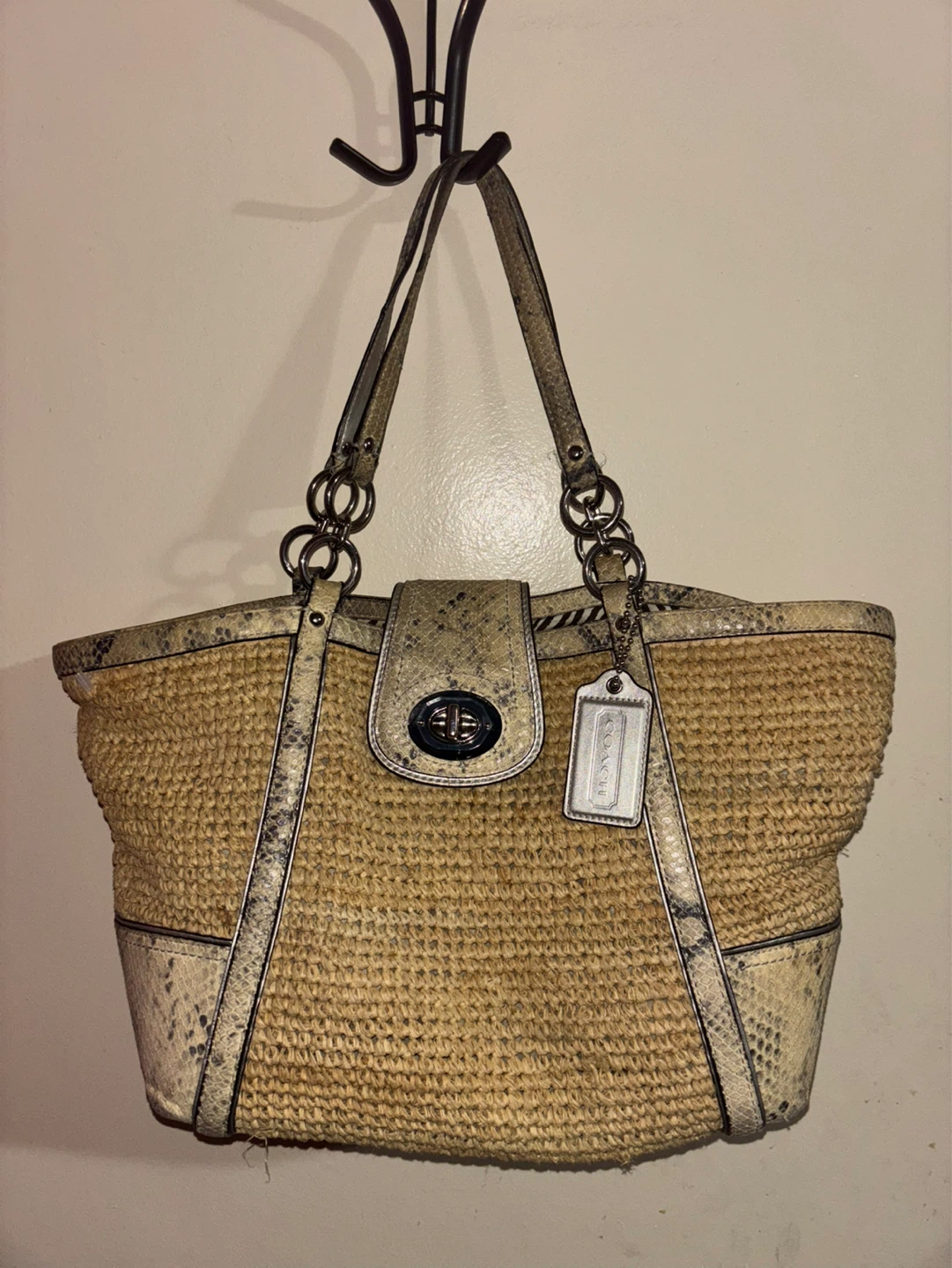 COACH Hampton Python Leather Straw Tote Bag #19359