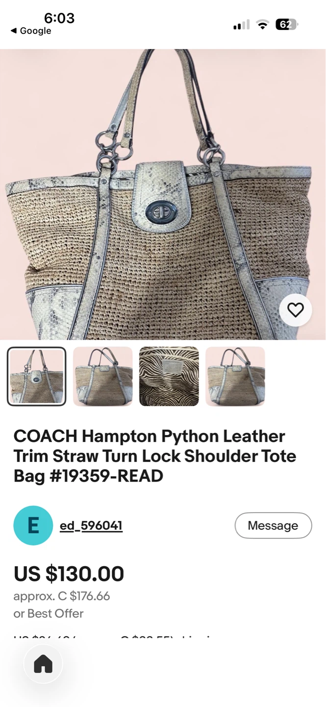 COACH Hampton Python Leather Straw Tote Bag #19359 - photo 5