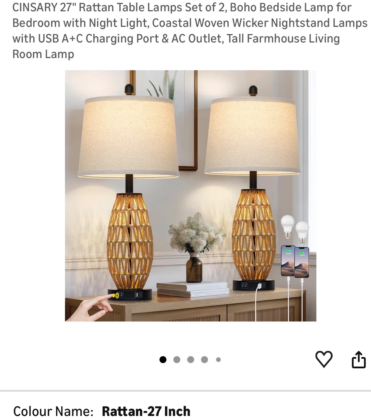 CINSARY 27" Rattan Table Lamp 27T