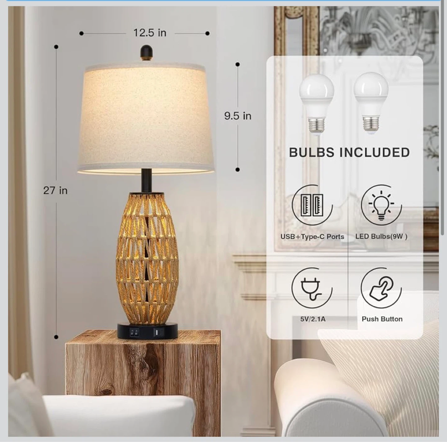 CINSARY 27" Rattan Table Lamp 27T - photo 2
