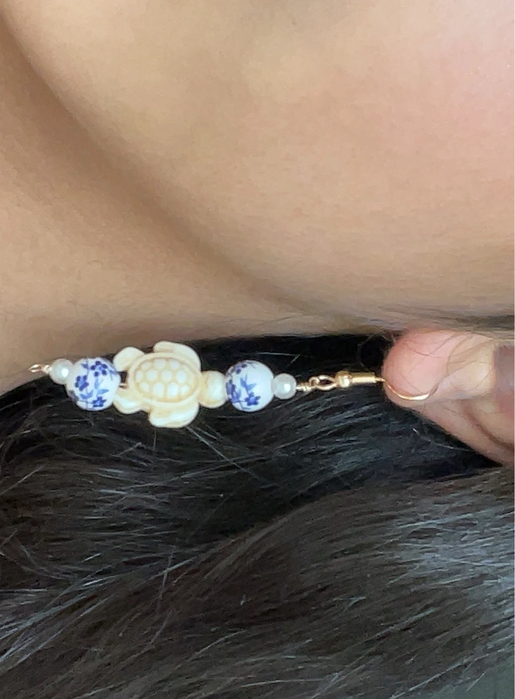 Handmade Turtle and Blue Floral Bead Earrings - photo 2