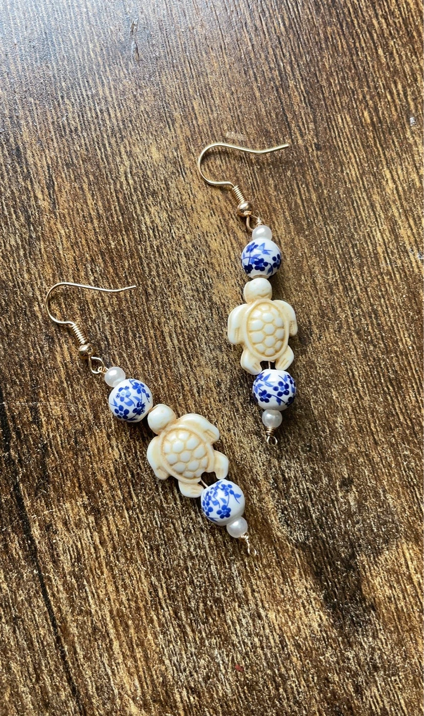 Handmade Turtle and Blue Floral Bead Earrings