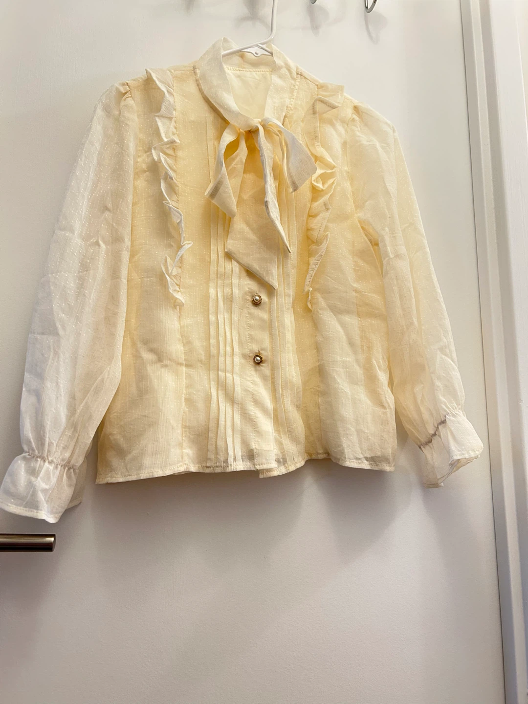 NEW- Cream Ruffled Bow Blouse
