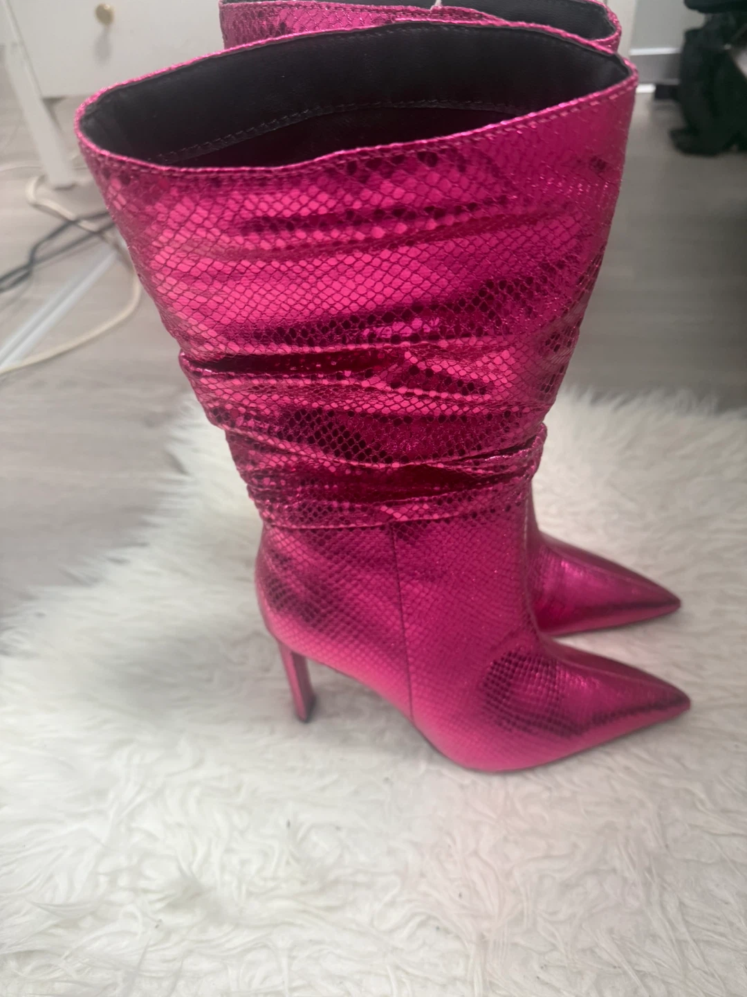 Pink Metallic Snakeskin Pointed Toe Slouch Boots - photo 3